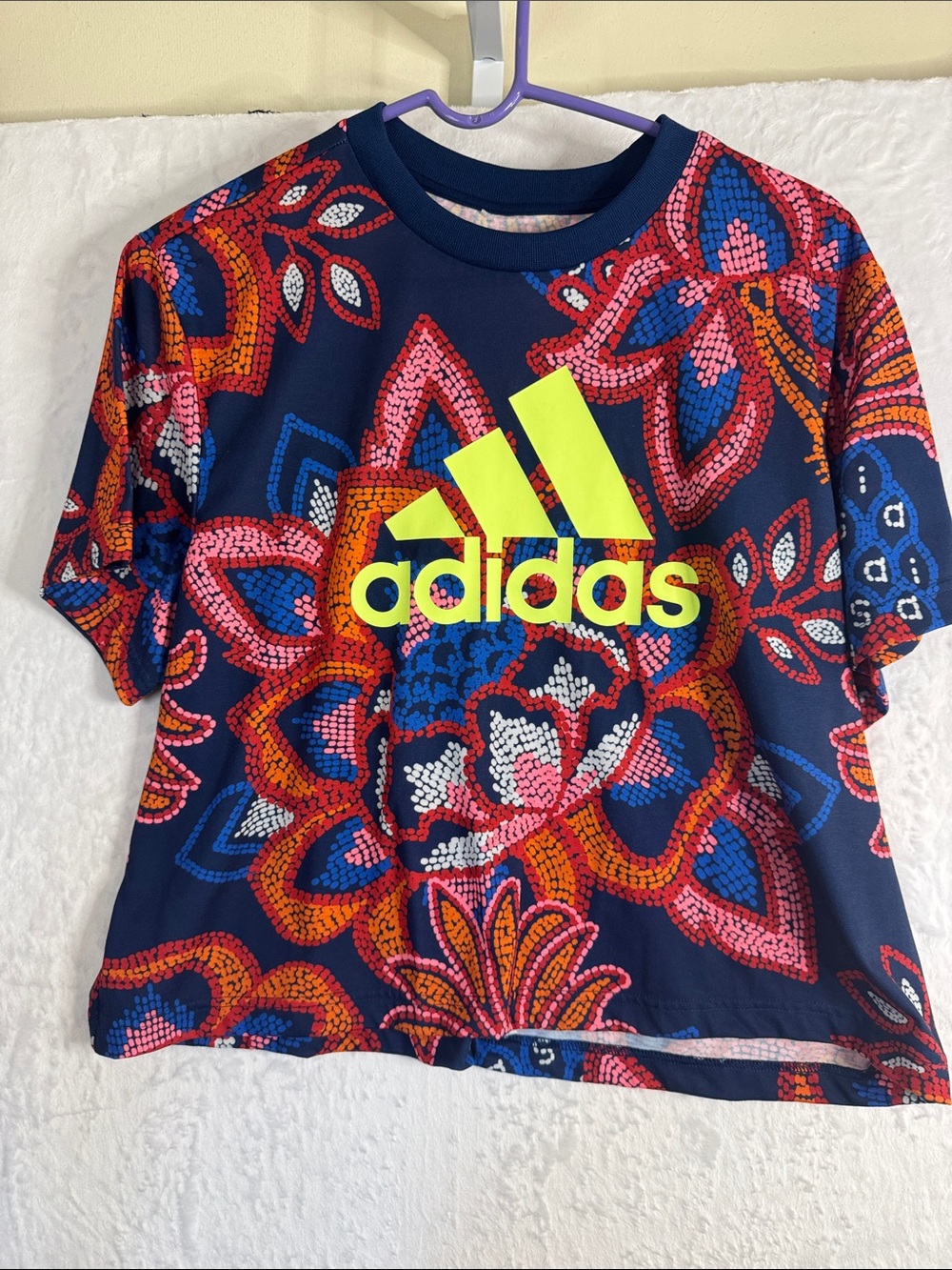 Farm Rio Adidas Navy Floral Mosaic Tee with Neon Yellow Logo
